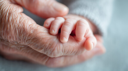 Babyhand in der sch&uuml;tzenden Hand eines &auml;lteren Menschen &ndash; symbolisches Motiv f&uuml;r Generationen, Vertrauen, Leben, Familie und emotionale Verbundenheit zwischen Jung und Alt

