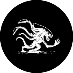 Intriguing black circle showcasing a white alien-like creature illustration