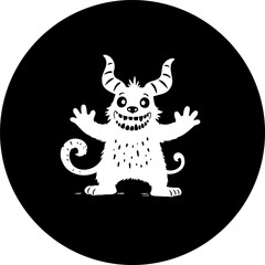 Whimsical Horned Creature Illustration in Black and White Circular Composition