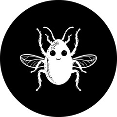 Whimsical bug illustration, a friendly insect set against a simple black background