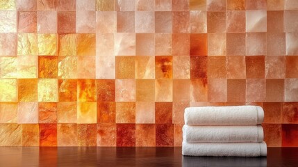 Three neatly folded white towels stacked on a dark wooden surface against a warm gradient textured tile wall in shades of orange, brown, and gold, evoking calm and cleanliness