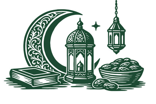 green ramadan symbols on white background clip art preview