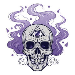 Create a detailed illustration of a skull possessing a third eye, surrounded by intricately floating mystic symbols, rendered in an ethereal style.