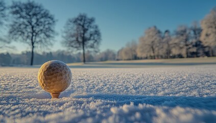 Frozen golf ball on a snowy tee