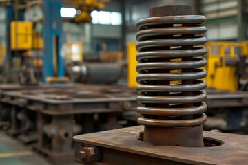 Close up of a large industrial spring in a manufacturing setting, suggesting industrial processes and heavy machinery