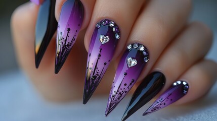 beautiful long acrylic extension nail coffin style painting purple black color ombre design gel nail art decorated with sparkling heart shape diamond on ring finger 