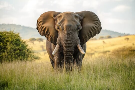 Majestic elephant standing in tall grass with open ears in a sunlit savanna landscape