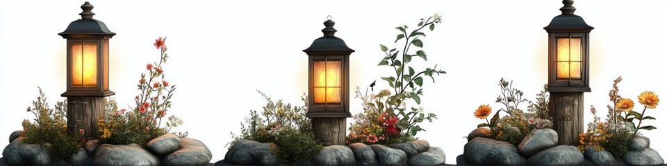 Three rustic lanterns glowing warmly surrounded by various colorful wildflowers and plants, all set amid natural stone arrangements creating a peaceful outdoor scene