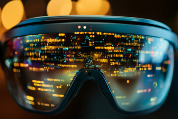 Modern AR glasses displaying holographic data stream and code lines, showcasing the potential of augmented reality technology