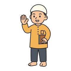 Muslim Boy Holding Quran and Waving – Outline Islamic Coloring Page Vector