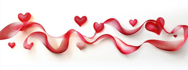 Flowing translucent red ribbon intertwined with floating red heart shapes on a white background creating a light and romantic atmosphere