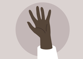A dark skinned hand waving in a joyful greeting, expressing warmth and friendliness