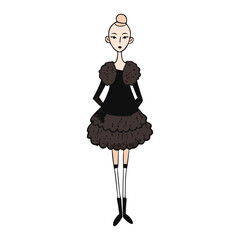 A stylish model channels princess vibes in a fluffy dress, black sweater, and sleek heels—blending elegance and edge with a fairytale twist.
