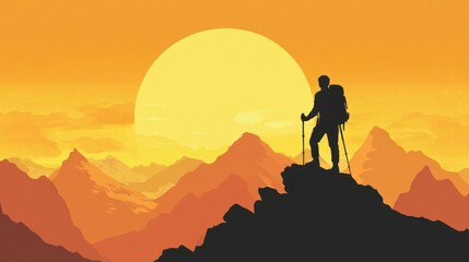 Hiker atop mountain peak at sunrise