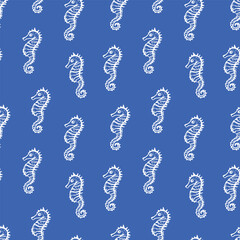 Vector seamless hand drawn pattern with white seahorses on blue background