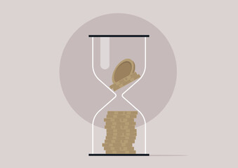 Metal coins resting elegantly within a transparent hourglass, showcasing the blend of time and value in an artistic representation