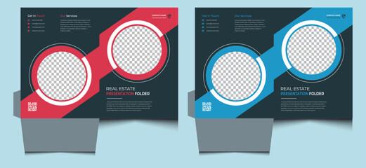 Simple minimal clean creative corporate editable elegant modern professional company business construction home house sale real estate presentation cover file folder design template blue red color.