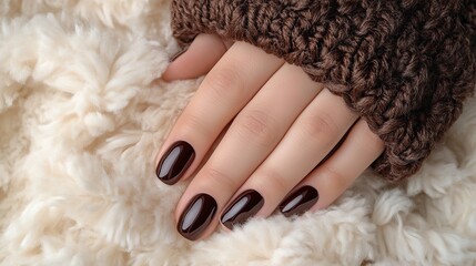 Female hands with brown nail design. Mate brown nail polish manicure. Female model hands with perfect brown manicure on beige fluffy fabric. 