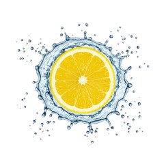 Fresh lemon slice splashing in clear water, creating dynamic droplets around it