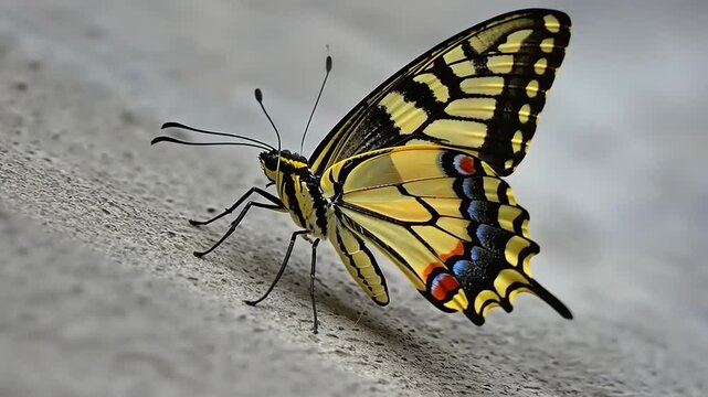 Close-Up of a Striking Yellow Swallowtail Butterfly Resting on Textured Surface