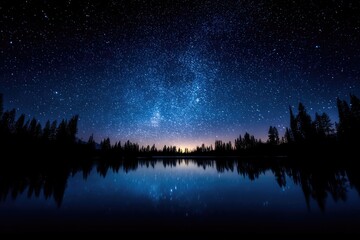 Fototapeta premium Starry night sky reflected in tranquil lake waters.