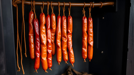 Home made sausages hanging in smokehouse and preparing for consummation