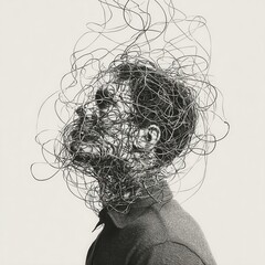 Person with Head Wrapped in Tangled Wires, Anxiety Concept