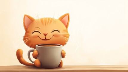 Happy and Funny Cat Cartoon Character with Big Mug full of Coffee! Original Vector Graphic Art