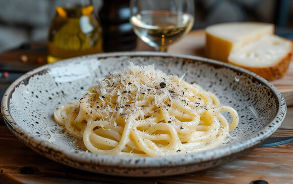 Classic Italian cacio e pepe pasta. Simple yet flavorful with cheese and black pepper. A Roman specialty.