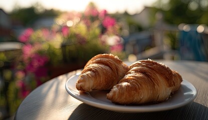 Golden croissants on a plate, outdoor setting