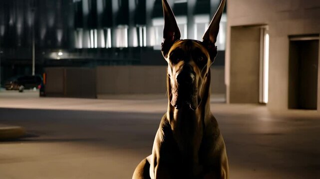 Close up of a noble Great Dane dog looking intently at camera in dimly lit indoor setting, showcasing the breed's distinctive features