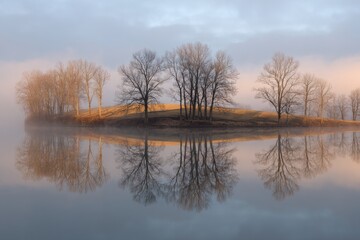 Serene Waters Reflect Autumn Trees in Misty Light