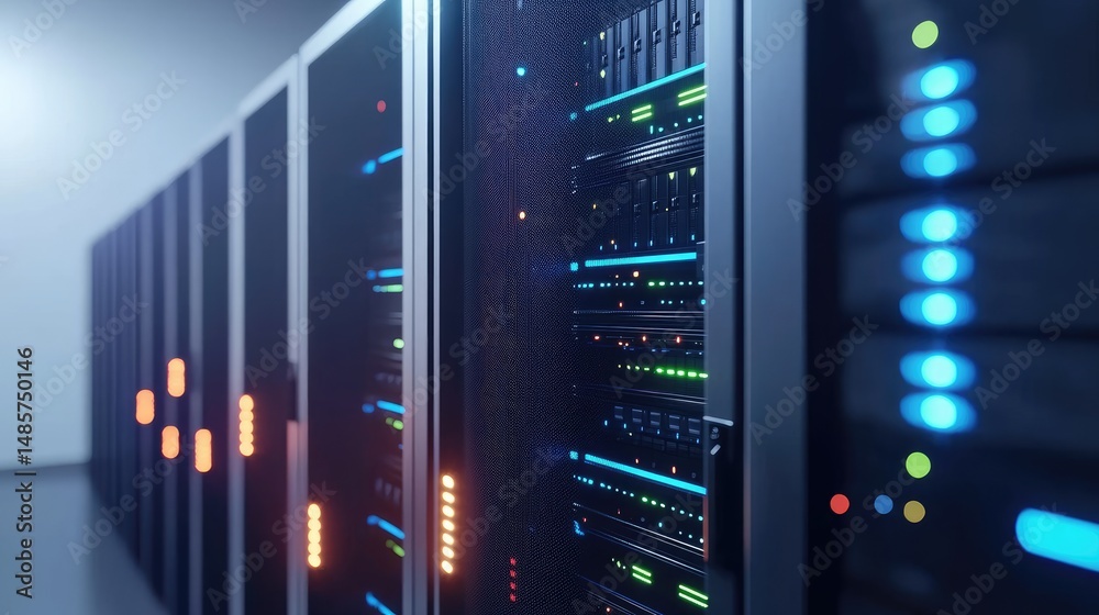 Aufkleber 3D render of sleek modern server racks with glowing indicators in a data center hallway, ideal for cloud storage, IT support, and network technology presentations