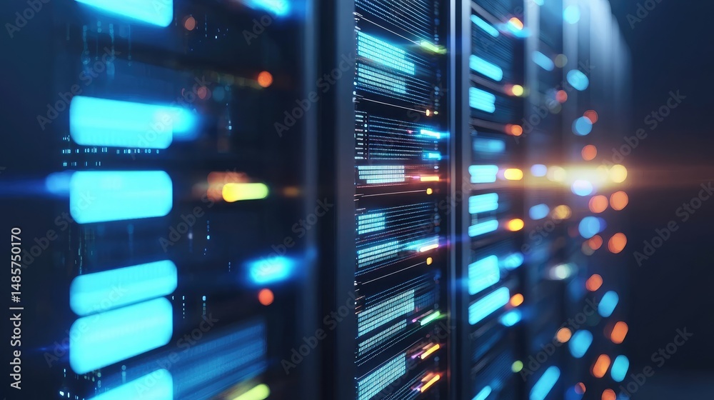 Poster high-tech 3d rendering of glowing blue and orange servers with data panels, perfect for illustrating