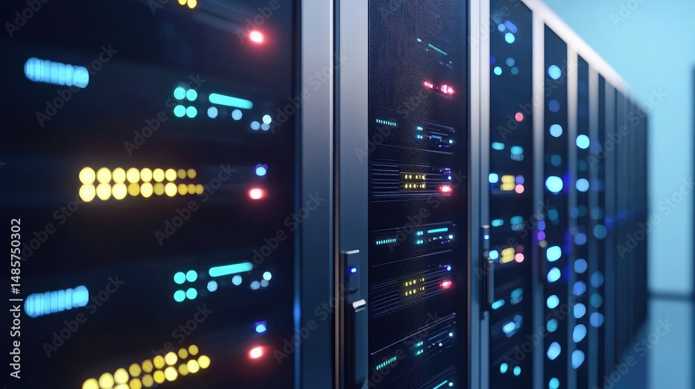 Aufkleber 3D rendering of modern server cabinets with blue, yellow, and red LED indicators in a cool-toned room, ideal for visuals related to IT infrastructure and secure cloud systems