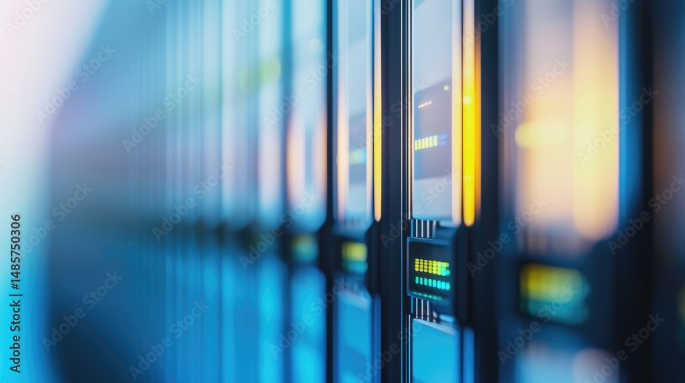 Aufkleber Close-up 3D rendering of illuminated server racks with glowing status lights, ideal for technology presentations, cloud computing ads, and IT infrastructure visuals