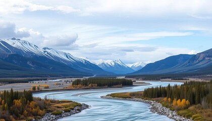Grey mountain backdrop, Yukon River flowing south of Whitehorse, Yukon Territory, Canada, clouds, sky
