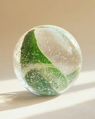 Glass sphere with embedded green leaf, air bubbles