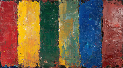 A textured abstract artwork featuring bold vertical stripes of red, yellow, green, blue, and more, evoking energy and emotion.