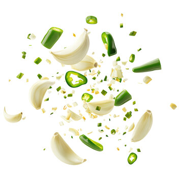A few garlic cloves and chopped green chili flying mid-air, cooking action style, on white.