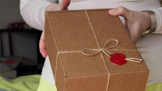 A woman holds a gift box made from eco-friendly kraft paper and tied with jute twine. Sustainable packaging for gifting.