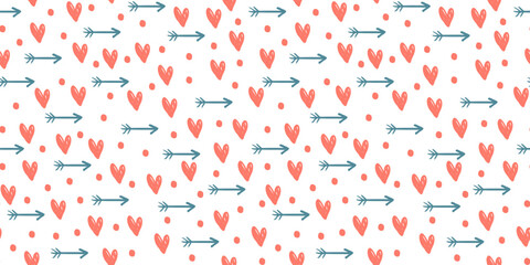 Cute hearts and arrows seamless pattern. Romantic package print. Vector romantic background. Great for fabric, textile, apparel. Holiday backdrop texture, wedding design.