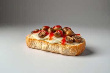 A studio photo of Polish zapiekanka open-faced sandwich topped with melted cheese, sautéed mushrooms, and ketchup