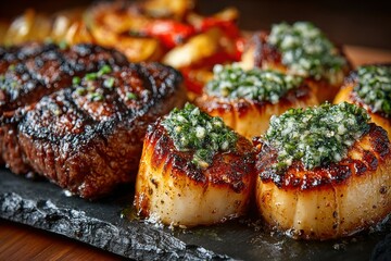 Delicious Surf and Turf: Seared Scallops with Herb Butter and Tender Steaks on Stone Platter