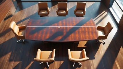Top view of a conference room. A white round table and six chairs around. 3D rendering