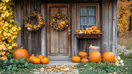 Outdoor photo of cozy fall old wooden cottage door with pumpkins, fall themed decorations in fall colors only 