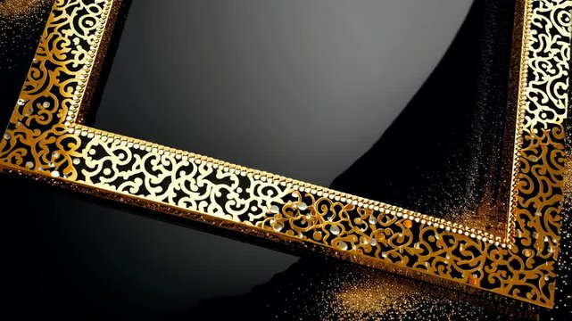Ornate golden frame with filigree details and rhinestones on a black reflective surface with scattered gold dust accents