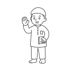 Muslim Boy Holding Quran and Waving – Outline Islamic Coloring Page Vector