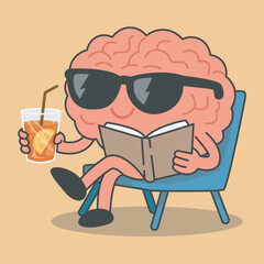 Happy brain character vector relaxing while reading a book and holding a glass of iced lemon tea

