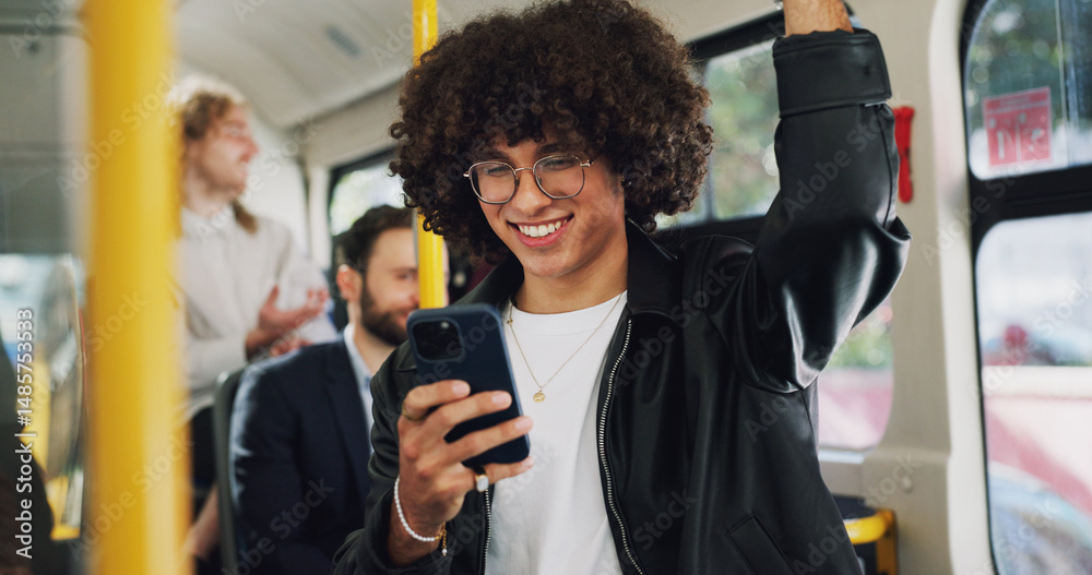 Poster cellphone, happy and man on bus online for checking university exam results on mobile app with trave